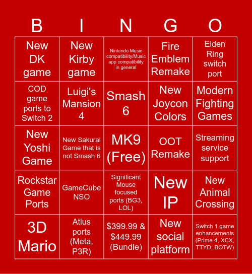 Switch 2 Reveal Trailer Bingo Card