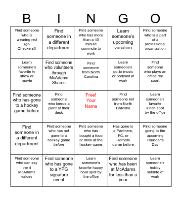 McAdams YPG Checkers Outing Bingo Card