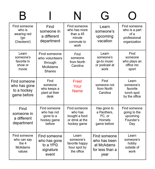 McAdams YPG Checkers Outing Bingo Card