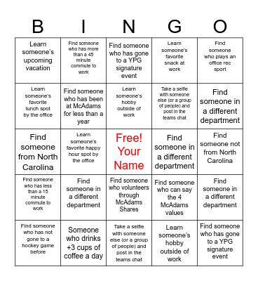 McAdams YPG Checkers Outing Bingo Card