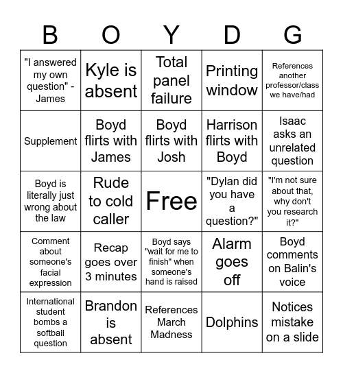 Boyd Bingo Card
