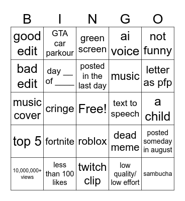 Youtube shorts Bingo Card