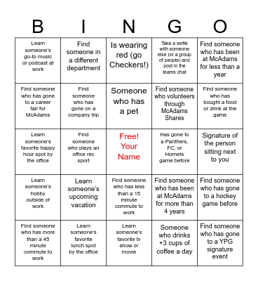 McAdams YPG Checkers Outing Bingo Card