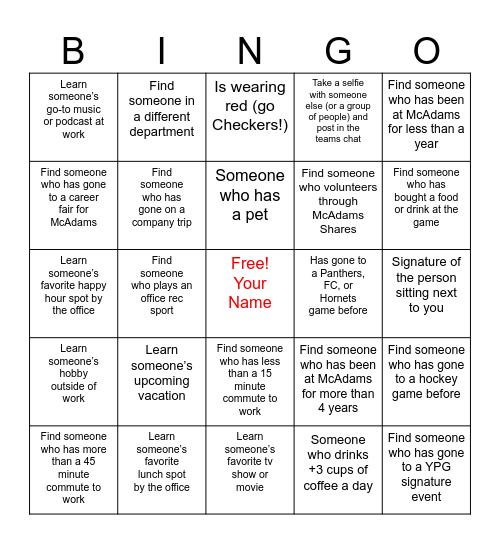 McAdams YPG Checkers Outing Bingo Card
