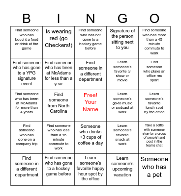 McAdams YPG Checkers Outing Bingo Card