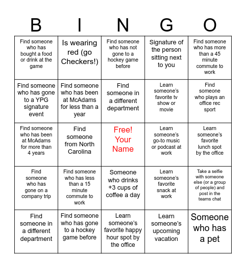 McAdams YPG Checkers Outing Bingo Card