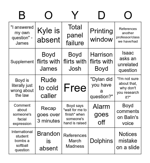 Boyd Bingo Card