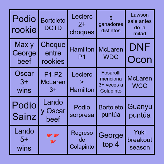 F1 2025 season Bingo Card