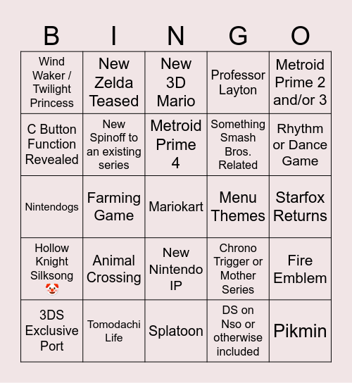 April 2nd Nintendo Direct Bingo Card