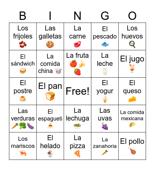 Comidas y Bebidas Bingo Card