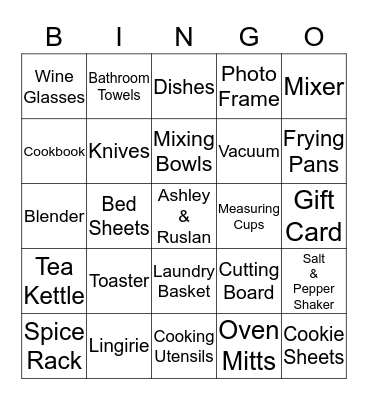 Bridal Shower Gift Bingo Card