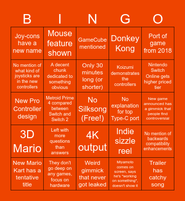 Nintendo Switch 2 Direct Bingo Card