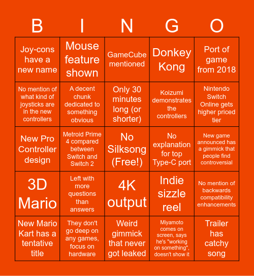 Nintendo Switch 2 Direct Bingo Card