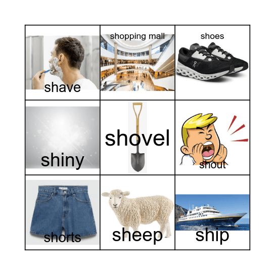 'Sh' words bingo Card
