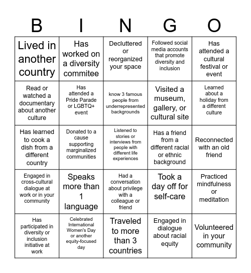 Diversity, Equity, and Inclusion Bingo Card