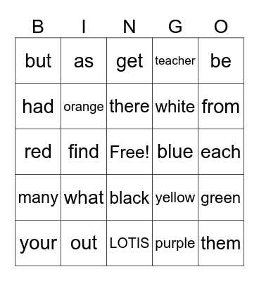 LOTIS Sight Words 2A Bingo Card