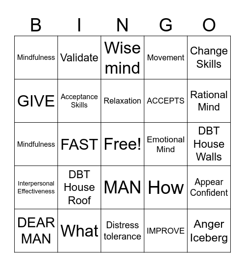 DBT Skills Bingo Card