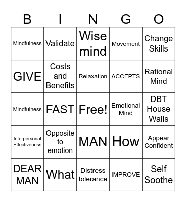 DBT Skills Bingo Card
