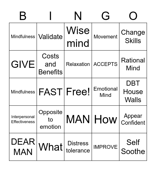 DBT Skills Bingo Card