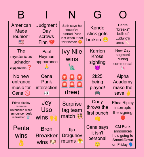 Monday Night RAW 3/17/25 Bingo Card