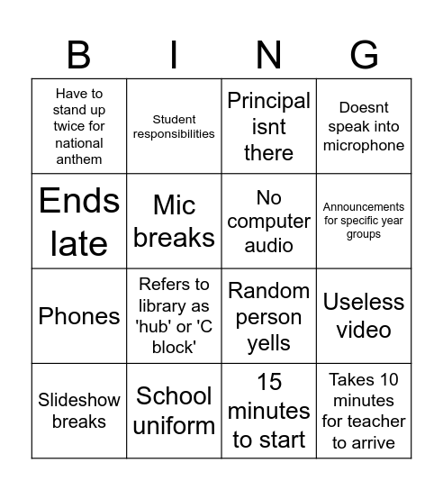 School Assembly Bingo Card