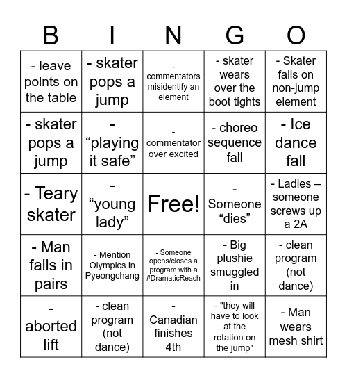2017 Worlds Figure Skating Bingo Card