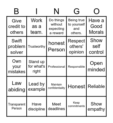 INTEGRITY Bingo Card