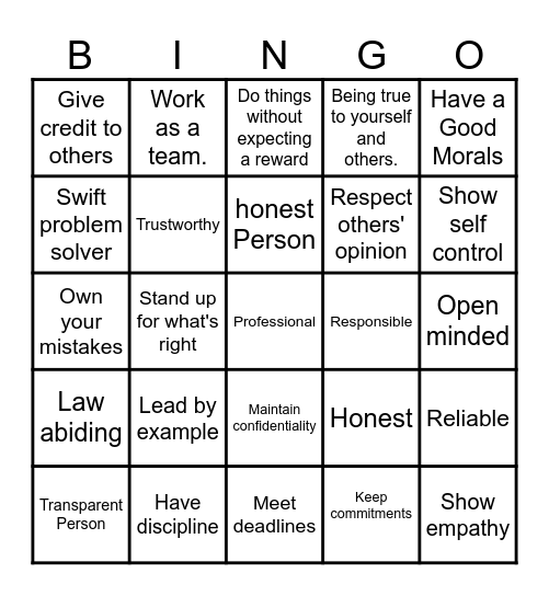 INTEGRITY Bingo Card