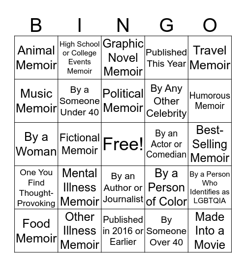 Memoir Reading Bingo Card