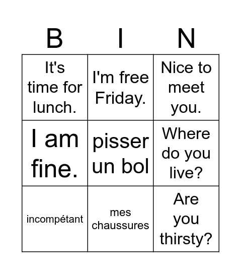 Common phrases Bingo Card