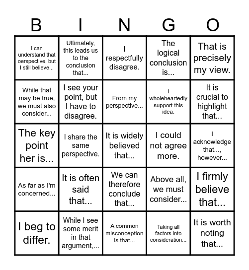 Debate Expressions Bingo Card