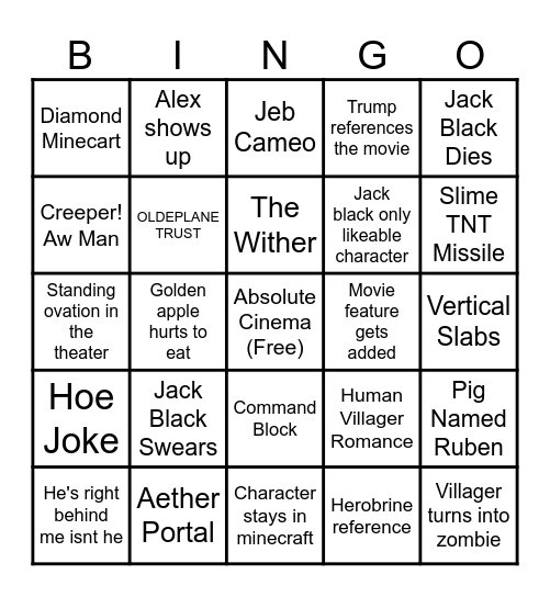 Minecraft Movie Bingo Card
