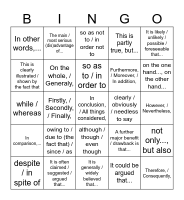 Linking words Bingo Card