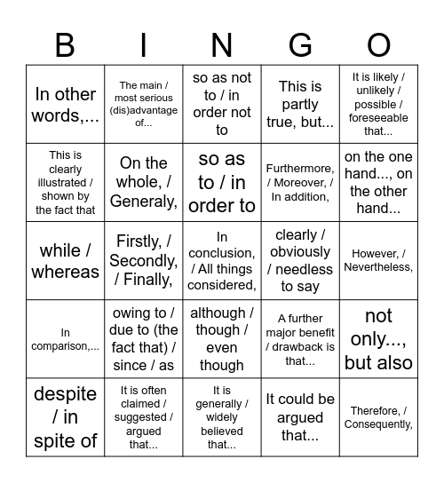 Linking words Bingo Card
