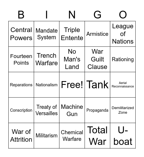 WHB WWI Unit E Review Bingo Card