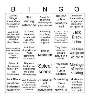 Minecraft Movie Predictions Bingo Card