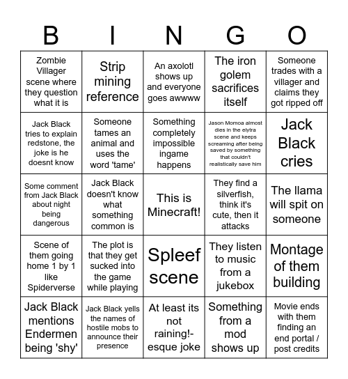 Minecraft Movie Predictions Bingo Card