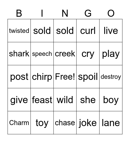 Syllable Type Bingo Card