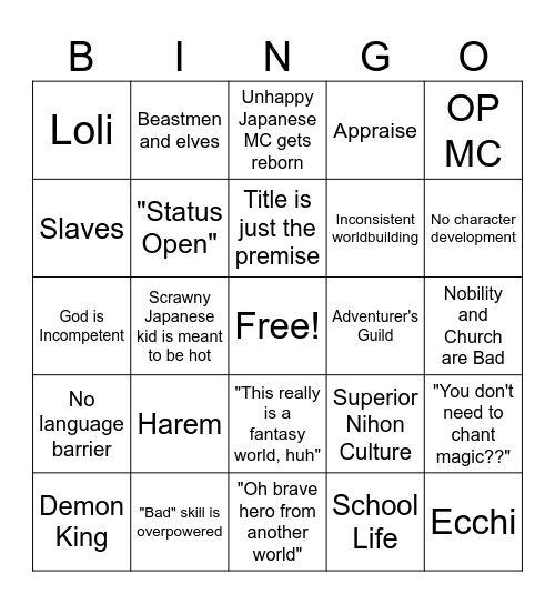 Isekai Bingo Card