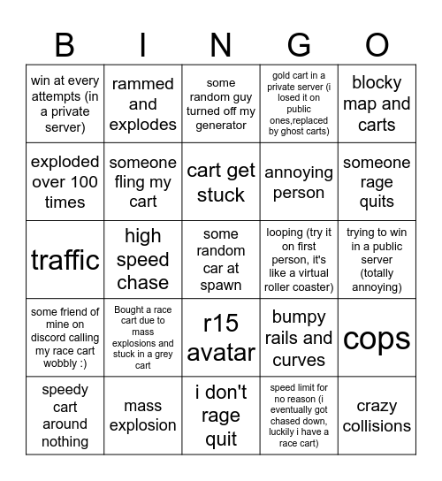 cart ride around nothing Bingo Card