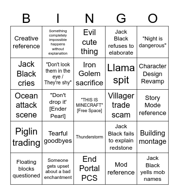 A Minecraft Movie predictions Bingo Card