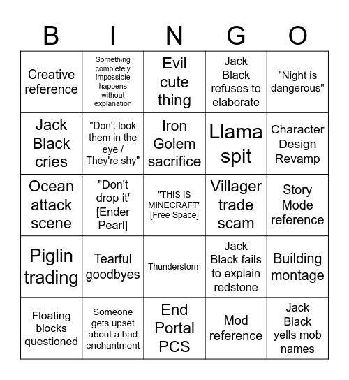 A Minecraft Movie predictions Bingo Card