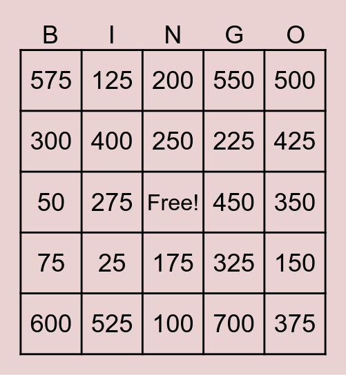 SKIP COUNTING BY 25'S Bingo Card