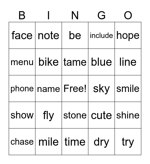 Words with long vowel sounds Bingo Card