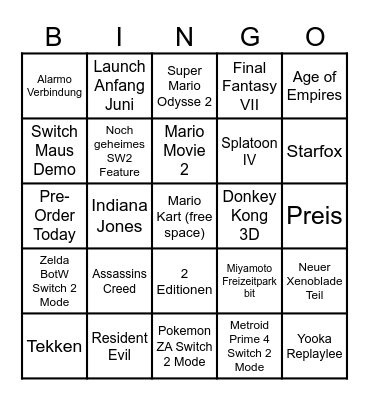 Nintendo Direct Switch 2 Bingo Card