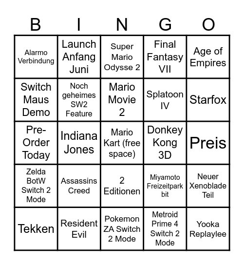 Nintendo Direct Switch 2 Bingo Card