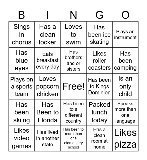 Get to know you bingo Card