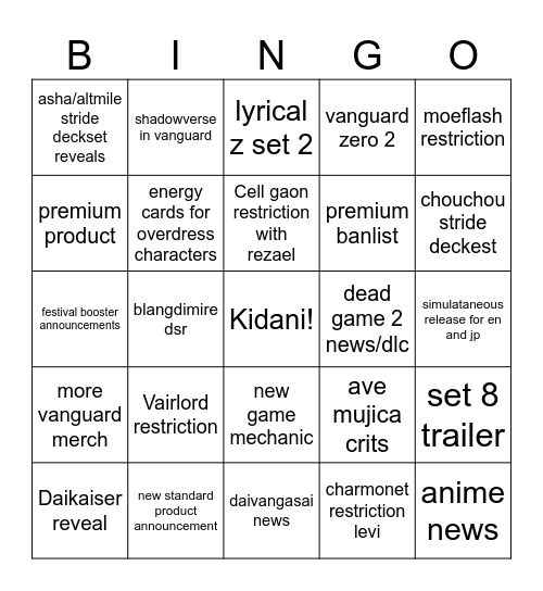 Vanguard Stream Bingo Card