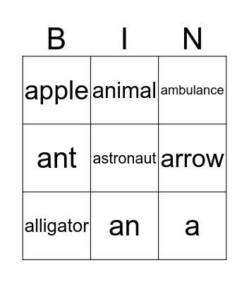 Final Phonics 1 A Bingo Card