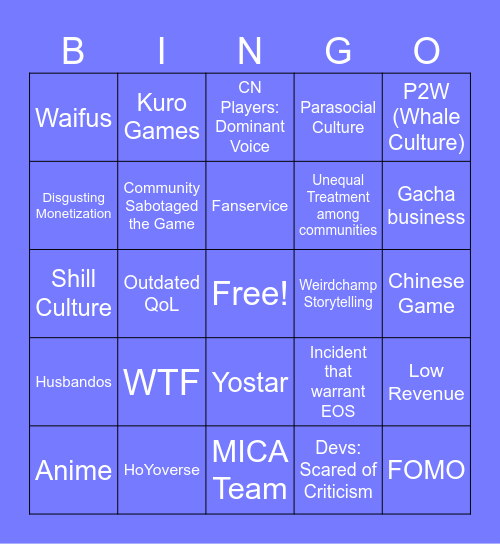 Game Drop Off Bingo Card